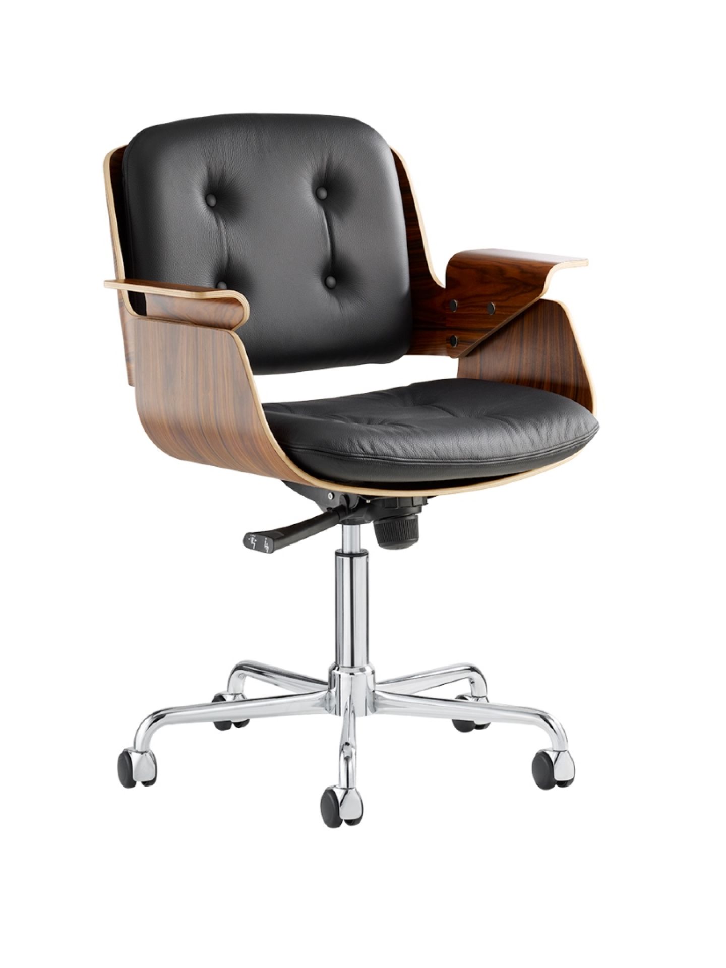 D49 Tecta Schreibtischstuhl aus Leder mit Holzrahmen und Chromfuß, Bürostuhl für ergonomisches Sitzen.